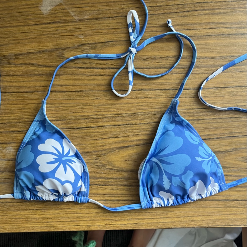 3 piece blue tropical hibiscus print triangle bikini set